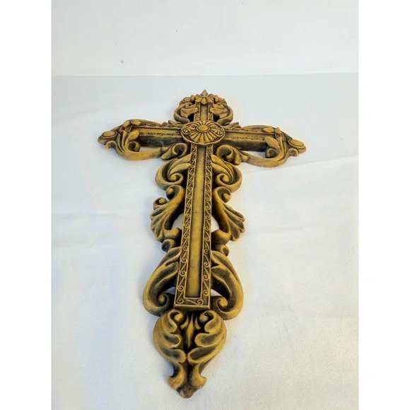 Ornate Gold Decorative Floral Fleur-de- lis Hanging Hook Baroque Wall Cross - Picture 4 of 13